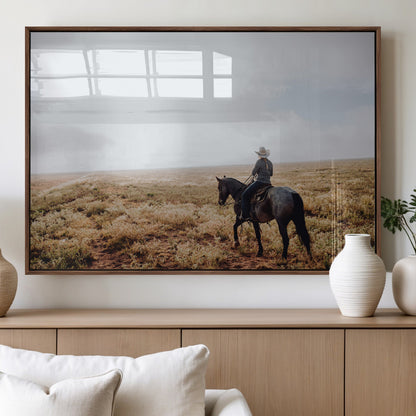 57597730-MGV-FP-36X24-3P_Walnut-Cowboy Wall Art Wall Art Canvas Print, Framed Western Canvas Art Picture Print, Rustic Ranch Scene Perfect Rustic Western Decor