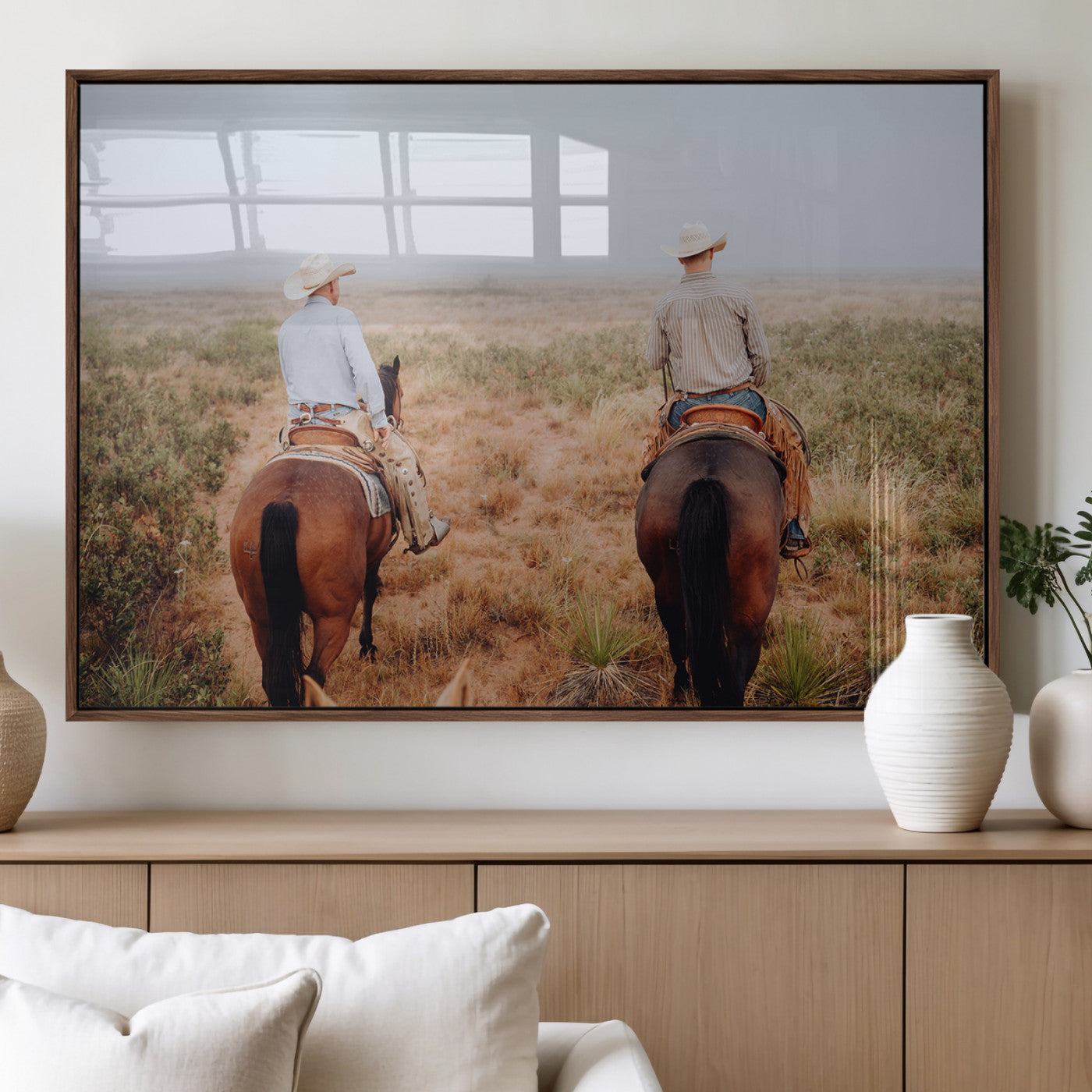54943176-MGV-FP-36X24-3P_Walnut-Cowboy Wall Art Wall Art Canvas Print, Framed Western Canvas Art Picture Print, Rustic Ranch Scene Perfect Rustic Western Decor