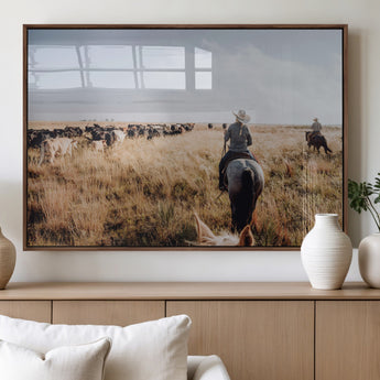 22431577-MGV-FP-36X24-3P_Walnut-Western Wall Art Wall Art Canvas Print, Framed Cowboy Canvas Art Picture Print, Cattle Drive Scene Perfect Rustic Western Decor