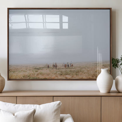 14761944-MGV-FP-36X24-3P_Walnut-Foggy Plains Wall Art Canvas Print, Framed Horseback Riders Art Picture Print, Rustic Western Perfect Rustic Western Decor Artwork