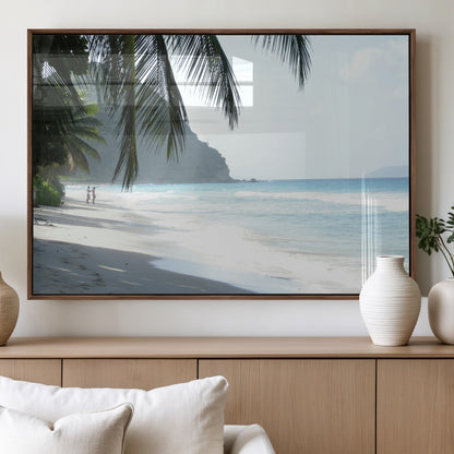 18311030-MGV-FP-36X24-3P_Walnut-Tropical Beach Wall Art Canvas Print, Framed Serene Ocean Art Picture Print, Palm Tree Shadows Perfect Tropical Coastal Decor