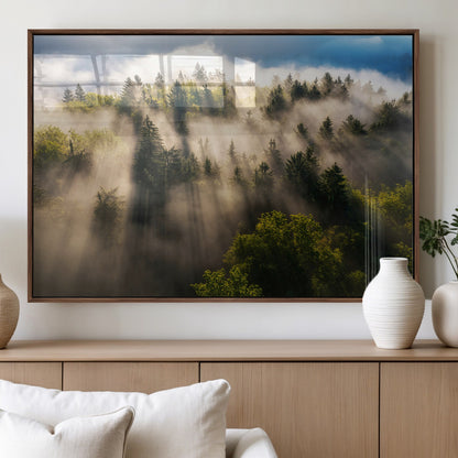 14785710-MGV-FP-36X24-3P_Walnut-Tranquil Forest Scene Wall Art Canvas Print, Framed Sunbeam Through Trees Art Picture Print, Moody Green Wall Art Perfect