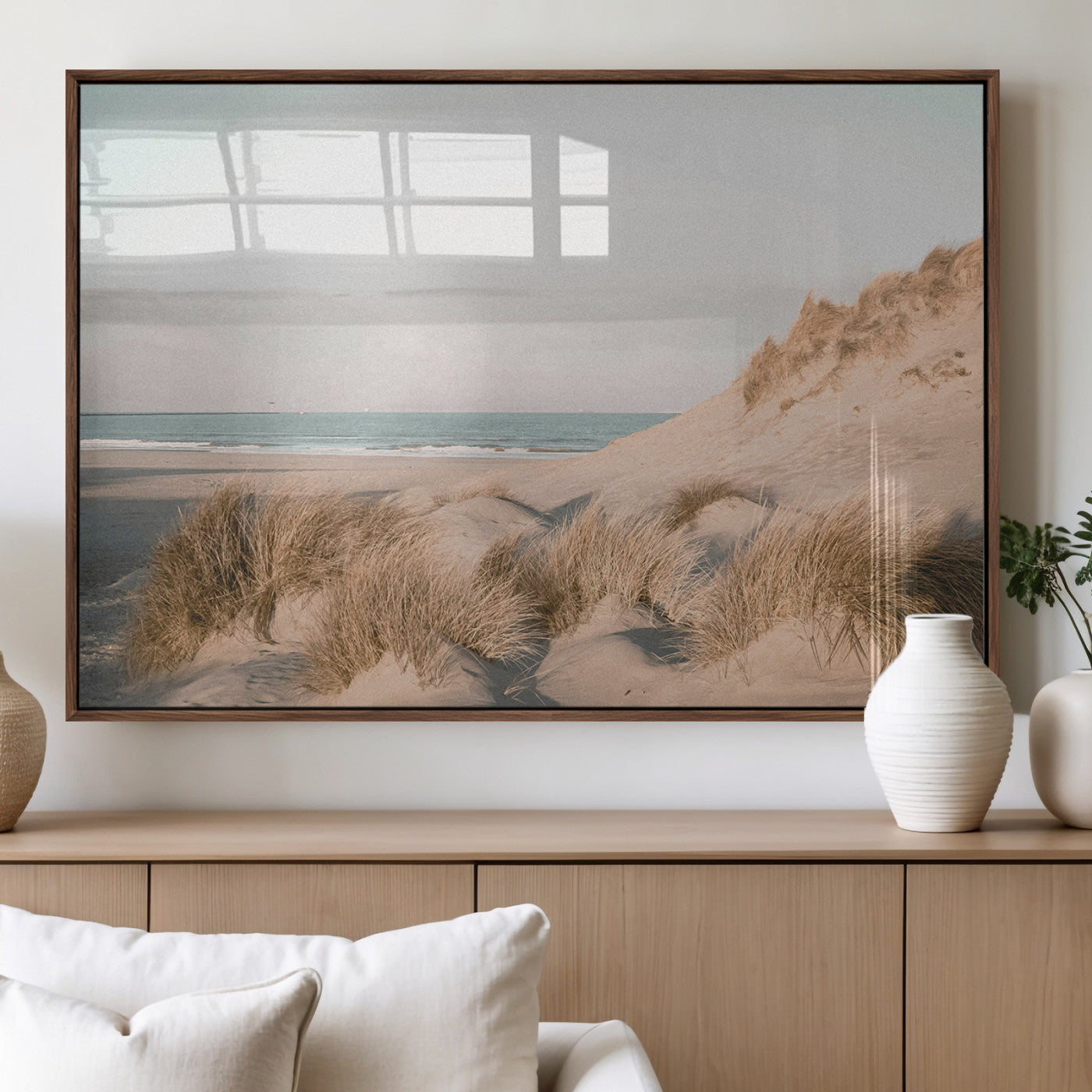 28064037-MGV-FP-36X24-3P_Walnut-Minimalist Seascape Wall Art Canvas Print, Framed Neutral Beach Print Art Picture Print, Sand Dune Photography Perfect