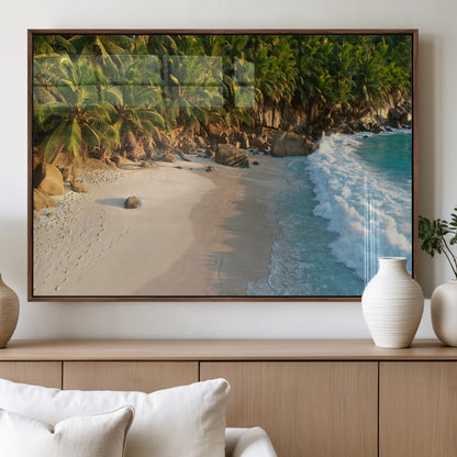 82312665-MGV-FP-36X24-3P_Walnut-Tropical Beach Wall Art Canvas Print, Framed Ocean Waves Art Picture Print, Palm Trees Perfect Coastal Minimalist Decor Artwork