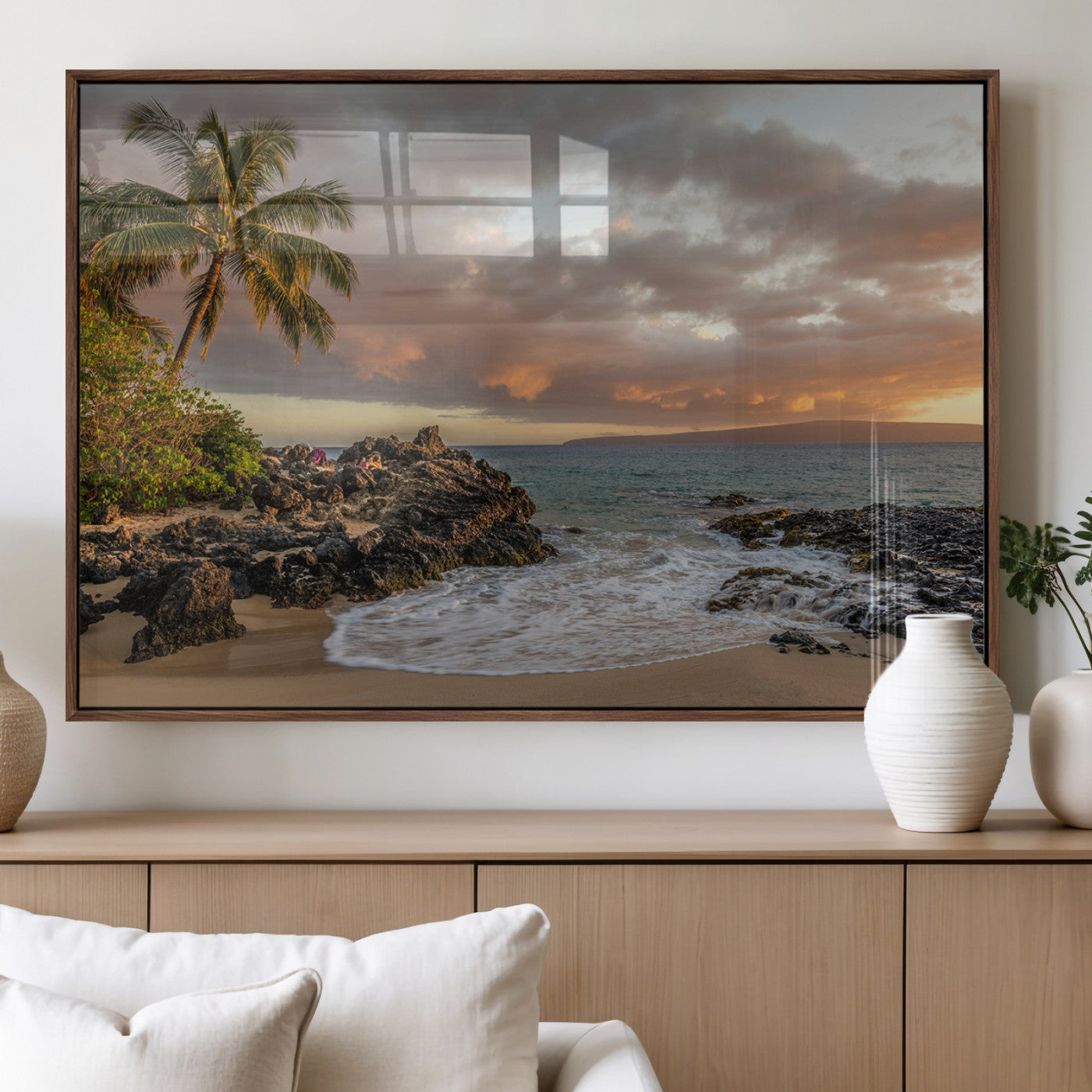 55108220-MGV-FP-36X24-3P_Walnut-Tropical Beach Wall Art Canvas Print, Framed Hawaiian Sunset Art Picture Print, Ocean Waves Perfect Coastal Tropical Decor Artwork