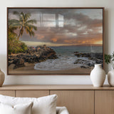 55108220-MGV-FP-36X24-3P_Walnut-Tropical Beach Wall Art Canvas Print, Framed Hawaiian Sunset Art Picture Print, Ocean Waves Perfect Coastal Tropical Decor Artwork