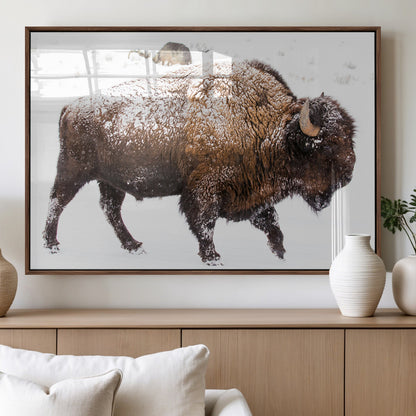 94261165-MGV-FP-36X24-3P_Walnut-Snowy Buffalo Wall Art Canvas Print, Framed Wildlife Photography Art Picture Print, Brown Tones Perfect Rustic Lodge Decor Decor