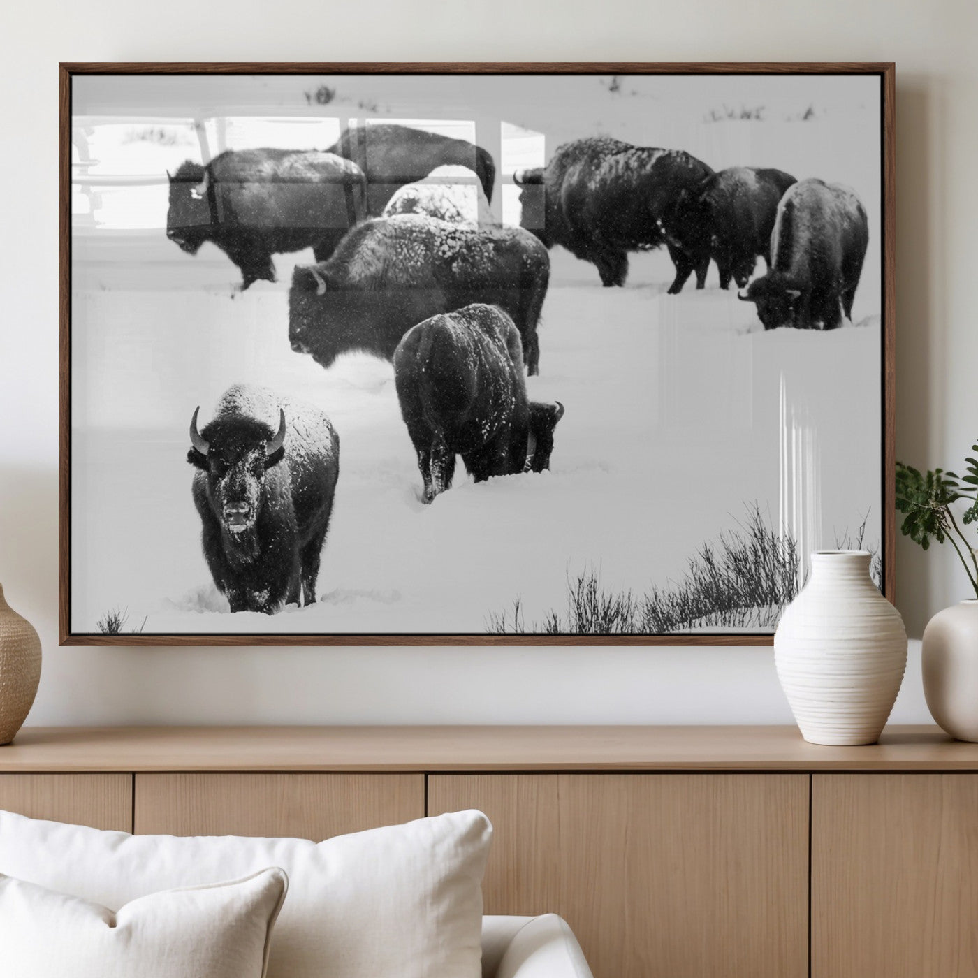 18914414-MGV-FP-36X24-3P_Walnut-Buffalo Herd Wall Art Canvas Print, Framed Black and White Art Picture Print, Snowy Landscape Perfect Rustic Lodge Decor Decor