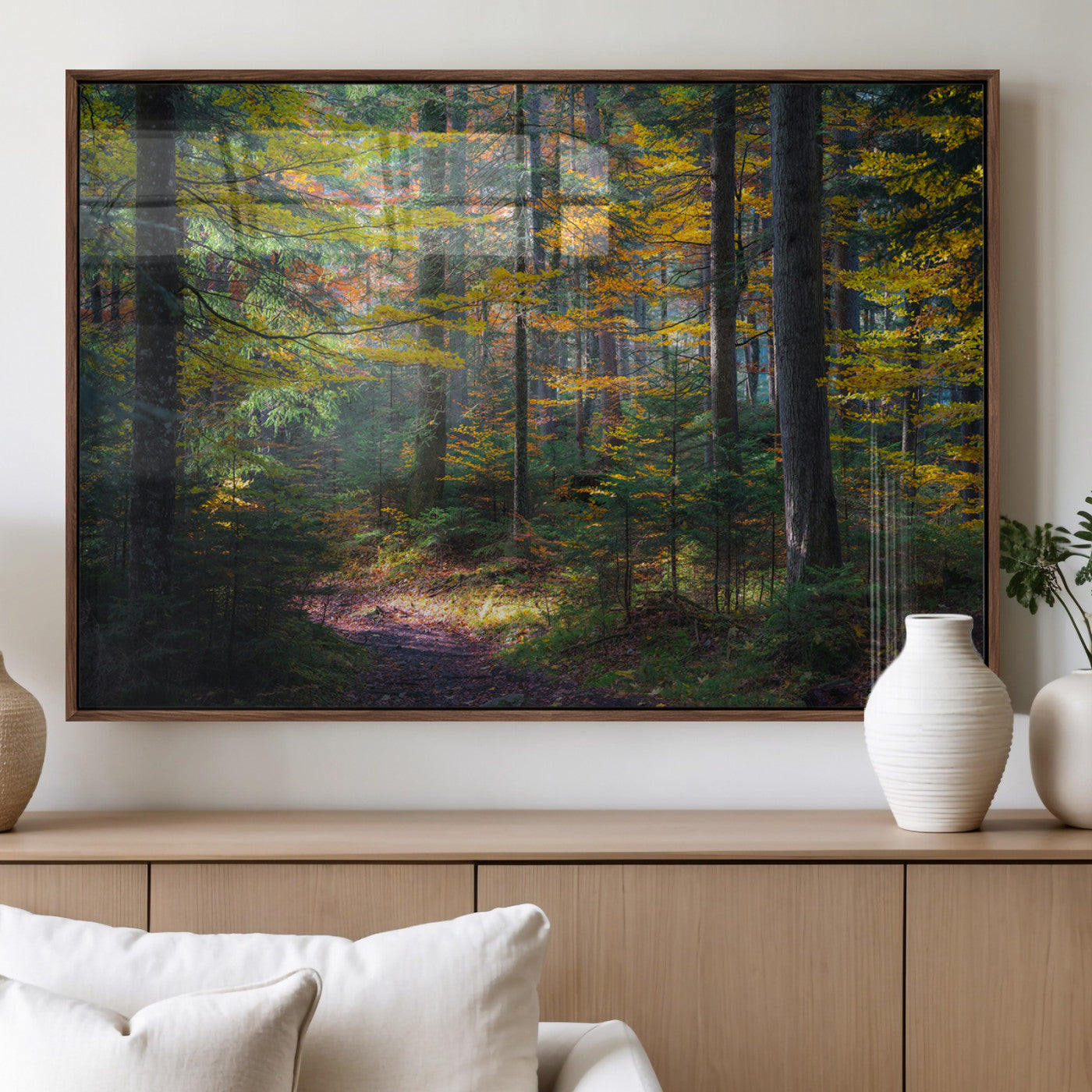 65810864-MGV-FP-36X24-3P_Walnut-Autumn Forest Wall Art Canvas Print, Framed Fall Woodland Art Picture Print, Golden Leaves Perfect Rustic Farmhouse Decor Artwork