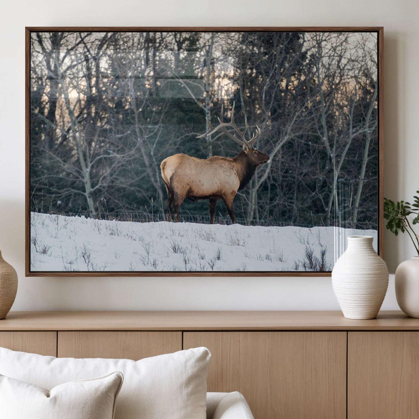 36533178-MGV-FP-36X24-3P_Walnut-Wild Elk Photography Wall Art Canvas Print, Framed Winter Wildlife Art Picture Print, Snowy Forest Perfect Rustic Lodge Decor