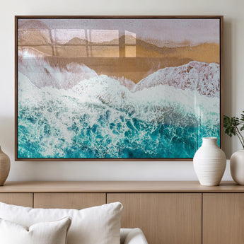 26870666-MGV-FP-36X24-3P_Walnut-Aerial Beach Wall Art Canvas Print, Framed Ocean Waves Art Picture Print, Coastal Landscape Perfect Coastal Minimalist Decor