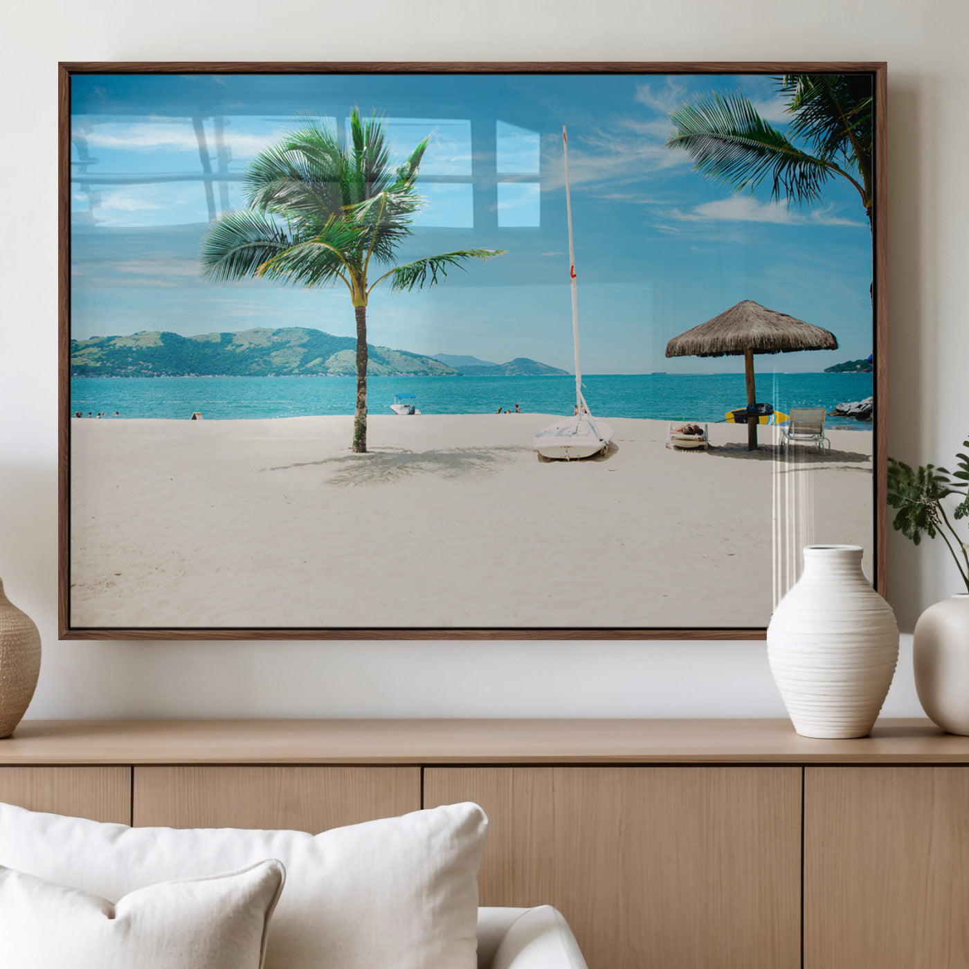 42623350-MGV-FP-36X24-3P_Walnut-Tropical Beach Wall Art Canvas Print, Framed Palm Tree Art Picture Print, Ocean View Perfect Tropical Coastal Decor Artwork