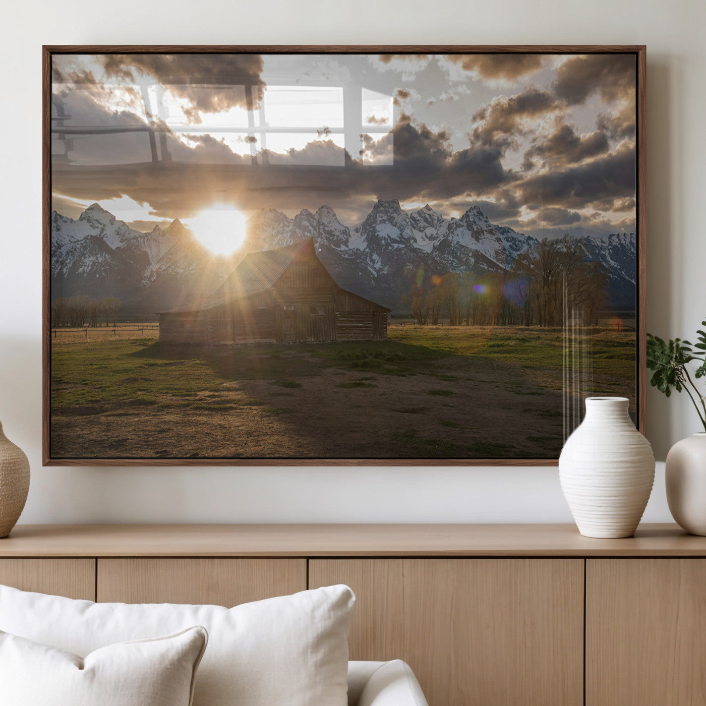 52555760-MGV-FP-36X24-3P_Walnut-Snowy Peaks Wall Art Canvas Print, Framed Nature Escape Art Picture Print, Rustic Charm Perfect Rustic Western Decor Artwork