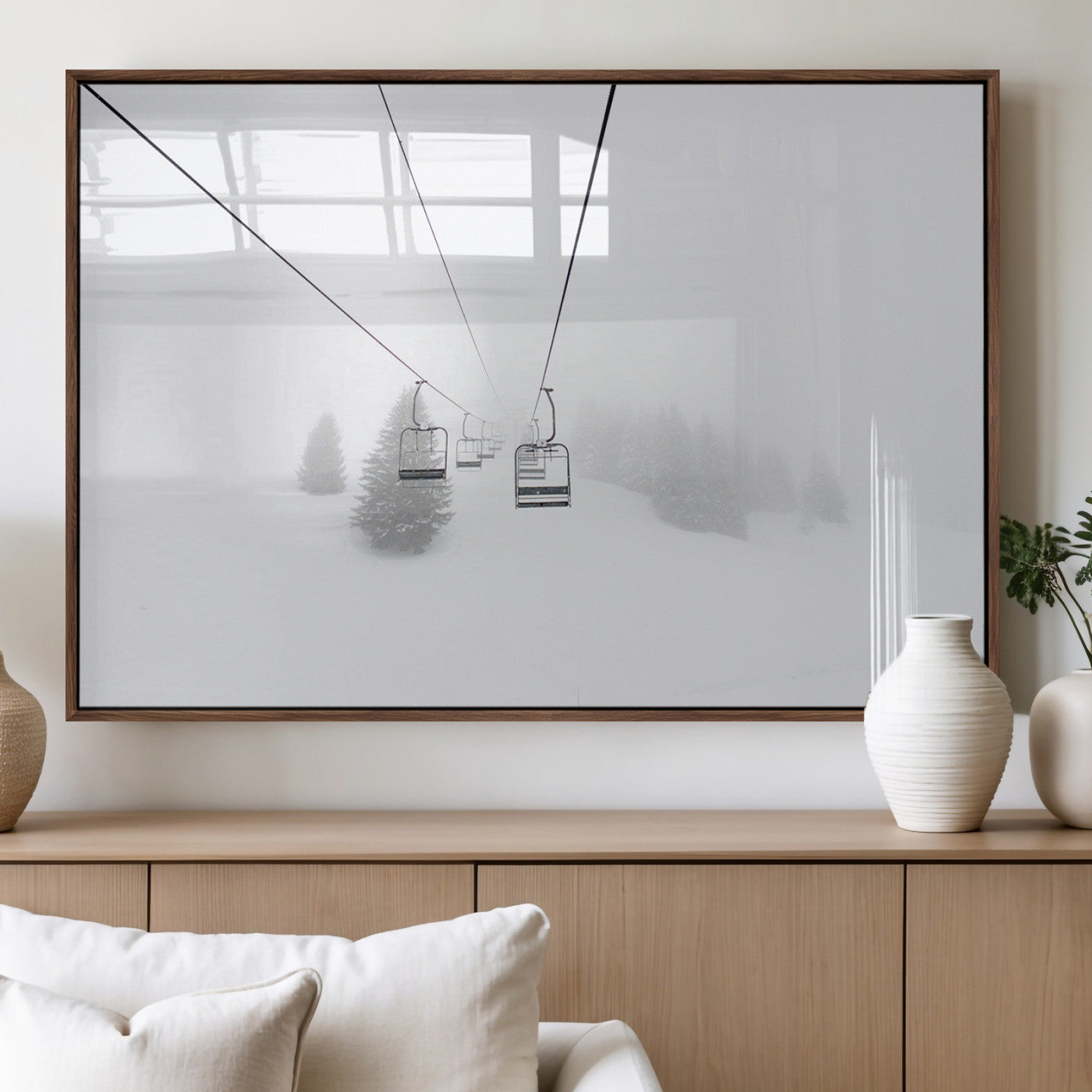 20216390-MGV-FP-36X24-3P_Walnut-Ski Lift Wall Art Canvas Print, Framed Snowy Landscape Art Picture Print, Alpine Adventure Perfect Nordic Minimalist Decor Artwork