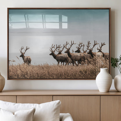 81594705-MGV-FP-36X24-3P_Walnut-Elk Herd Wall Art Canvas Print, Framed Wildlife Photography Art Picture Print, Rustic Nature Print Perfect Rustic Wildlife Decor