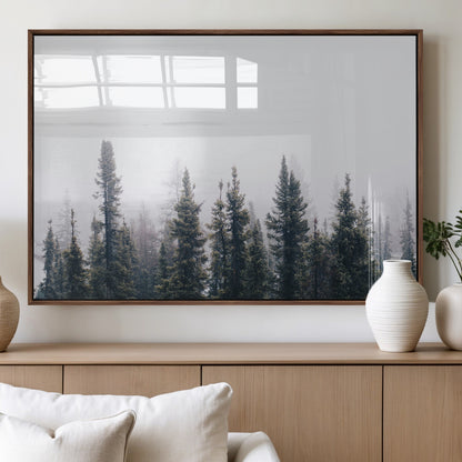 42364796-MGV-FP-36X24-3P_Walnut-Foggy Forest Wall Art Canvas Print, Framed Misty Pines Art Picture Print, Moody Woodland Perfect Scandinavian Minimalist Decor