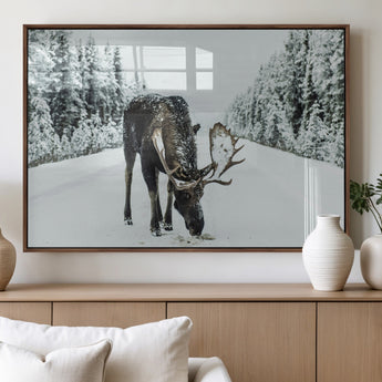 13316292-MGV-FP-36X24-3P_Walnut-Moose in Snow Wall Art Canvas Print, Framed Winter Wildlife Art Picture Print, Snowy Forest Scene Perfect Rustic Lodge Decor