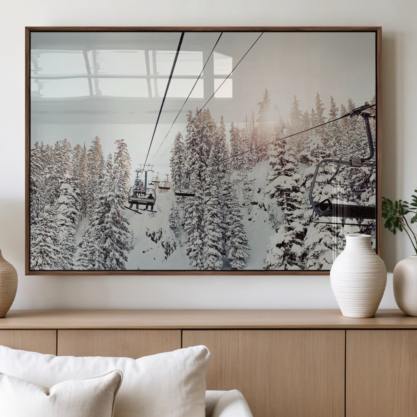 91534512-MGV-FP-60X30-3P_Walnut-Frosty Pines Wall Art Canvas Print, Framed Cozy Cabin View Art Picture Print, Ski Lift Ride Perfect Rustic Lodge Decor Artwork
