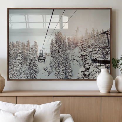 91534512-MGV-FP-36X24-3P_Walnut-Frosty Pines Wall Art Canvas Print, Framed Cozy Cabin View Art Picture Print, Ski Lift Ride Perfect Rustic Lodge Decor Artwork