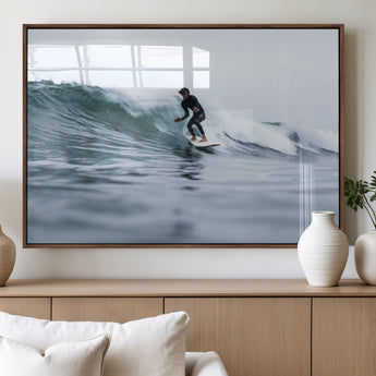 11693607-MGV-FP-36X24-3P_Walnut-Surfer on Wave Wall Art Canvas Print, Framed Ocean Adventure Art Picture Print, Motion Blur Water Perfect Coastal Adventure Decor