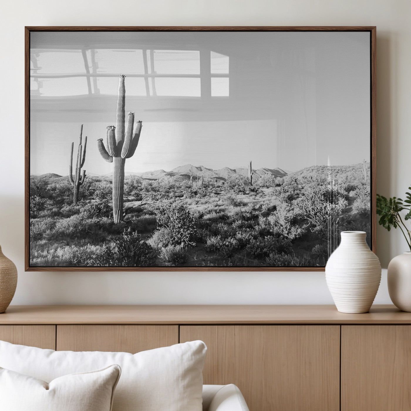 85205054-MGV-FP-36X24-3P_Walnut-Saguaro Cactus Wall Art Canvas Print, Framed Monochrome Landscape Art Picture Print, Scenic Arizona View Perfect Minimalist