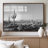 85205054-MGV-FP-36X24-3P_Walnut-Saguaro Cactus Wall Art Canvas Print, Framed Monochrome Landscape Art Picture Print, Scenic Arizona View Perfect Minimalist