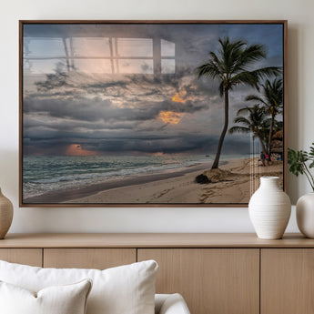 62574547-MGV-FP-36X24-3P_Walnut-Tropical Storm Wall Art Canvas Print, Framed Moody Beach Art Picture Print, Dramatic Sky Perfect Tropical Coastal Decor Artwork