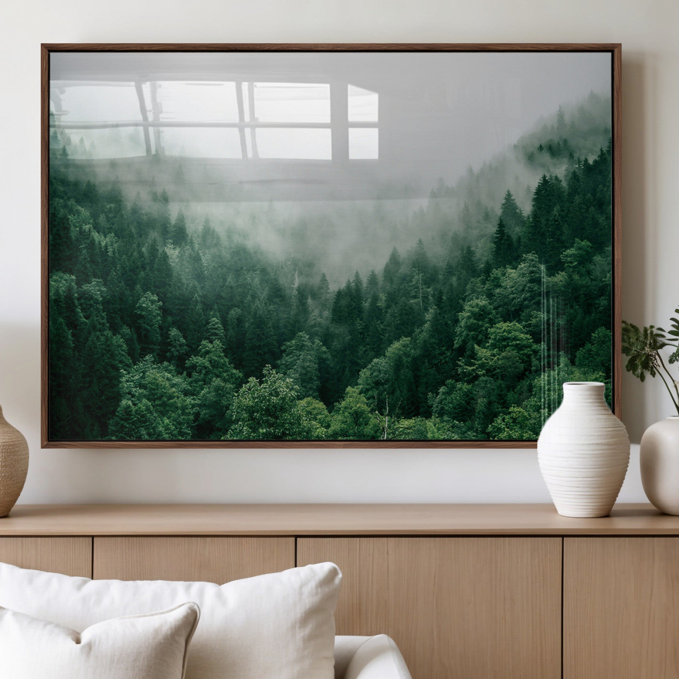 45265379-MGV-FP-36X24-3P_Walnut-Misty Forest Wall Art – Green Mountain Pine Tree Landscape Canvas Print, Nature Photography Artwork Home Decor for Bedroom, Living