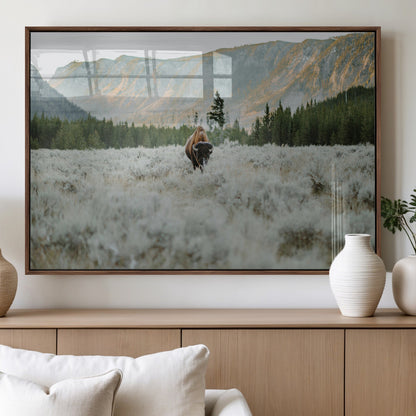 41674074-MGV-FP-36X24-3P_Walnut-Bison Wall Art – American Buffalo Wildlife Photography Canvas Print, Western Mountain Landscape Artwork Rustic Nature Decor for