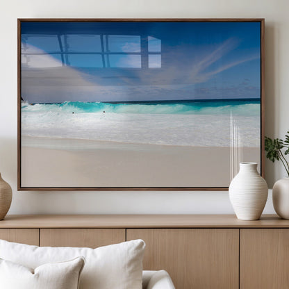 55017356-MGV-FP-36X24-3P_Walnut-Ocean Beach Wall Art – Turquoise Wave and White Sand Shoreline Canvas Print, Coastal Seascape Photography Decor for Living Room,