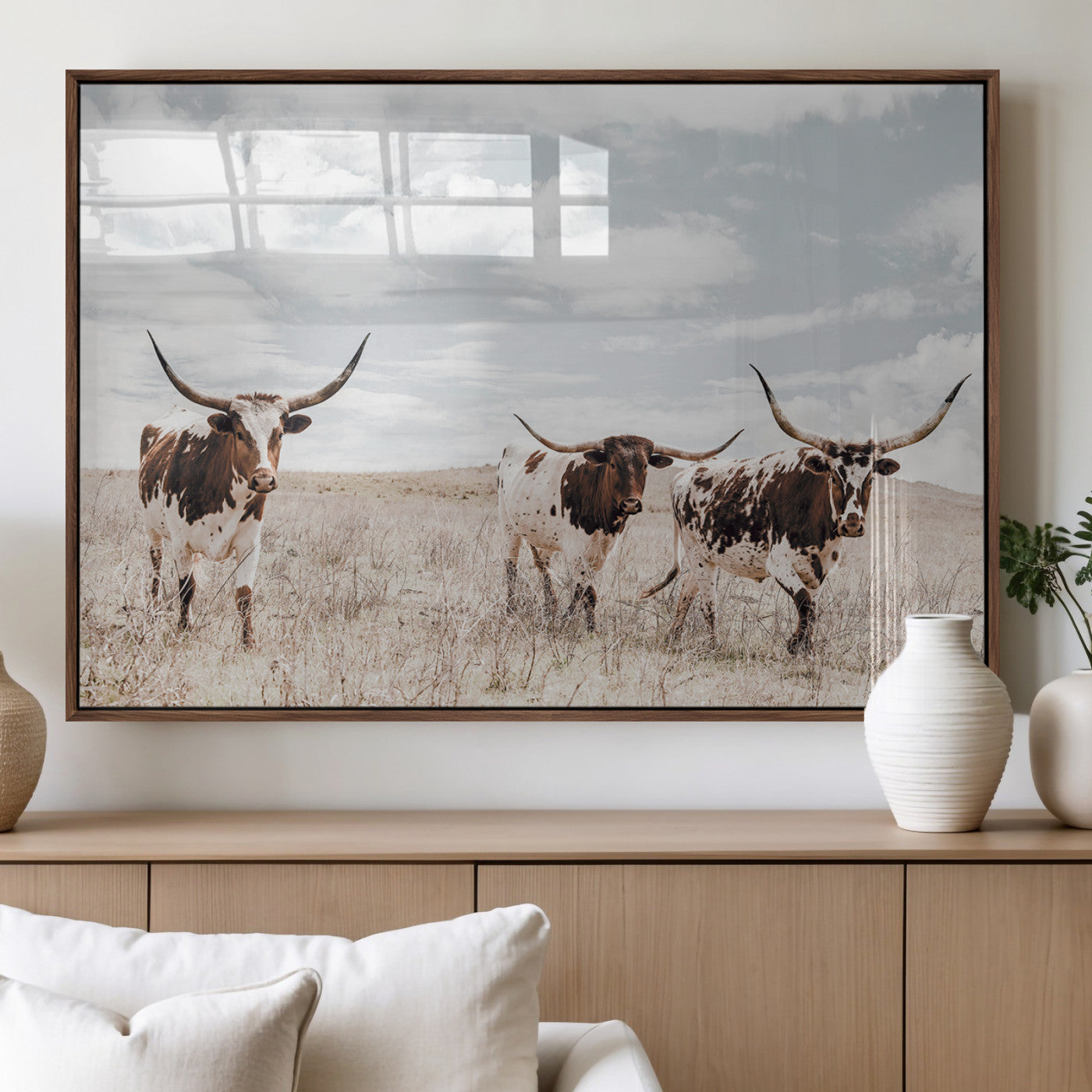 65621083-MGV-FP-36X24-3P_Walnut-Texas Longhorn Wall Art – Rustic Western Cattle Canvas Print, Southwestern Ranch Photography Decor for Living Room, Office,