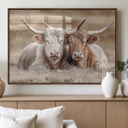 38651722-MGV-FP-36X24-3P_Walnut-Cow Wall Art – Rustic Longhorn Pair Canvas Print, Western Farmhouse Animal Painting, Country Ranch Decor for Living Room, Bedroom,