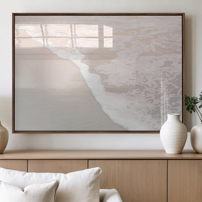28414510-MGV-FP-36X24-3P_Walnut-Ocean Shoreline Wall Art – Minimal Coastal Beach Canvas Print, Soft Sea Foam and Sand Photography Artwork, Relaxing Nautical Decor