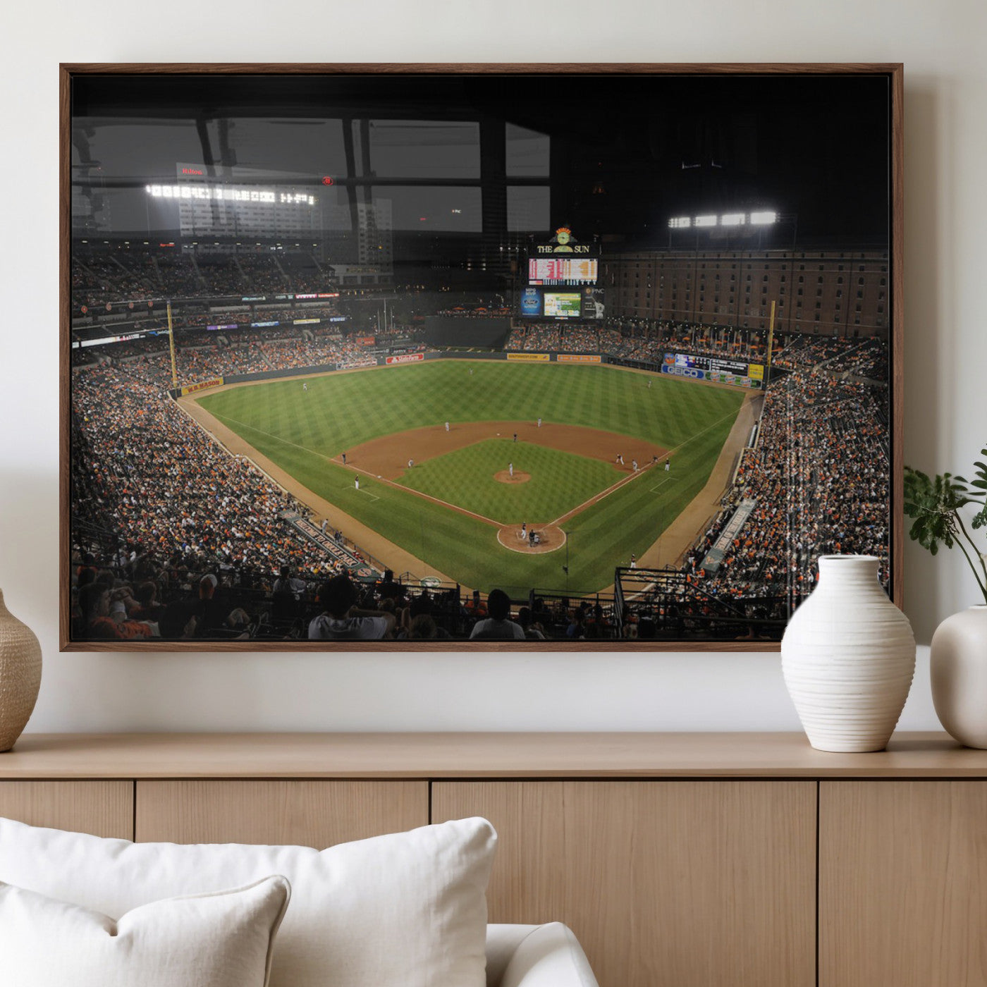 26445161-MGV-FP-36X24-3P_Walnut-Baseball Stadium at Night – Panoramic Ballpark Canvas Wall Art, Sports Decor for Man Cave, Office, Game Room, Sports Bar, Baseball