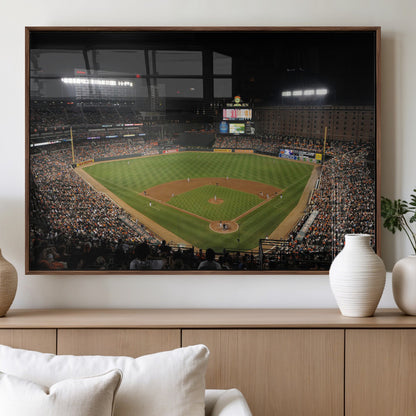 26445161-MGV-FP-36X24-3P_Walnut-Baseball Stadium at Night – Panoramic Ballpark Canvas Wall Art, Sports Decor for Man Cave, Office, Game Room, Sports Bar, Baseball