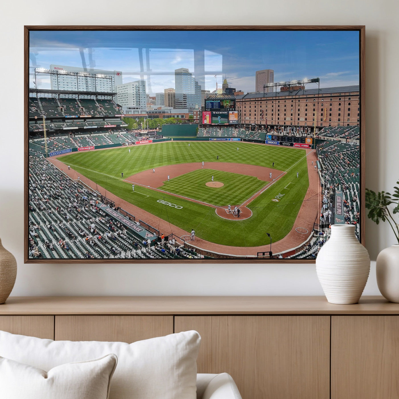 76426407-MGV-FP-36X24-3P_Walnut-Baseball Stadium Daytime – Panoramic Ballpark Canvas Wall Art, Sports Decor for Office, Man Cave, Game Room, Sports Bar, Baseball