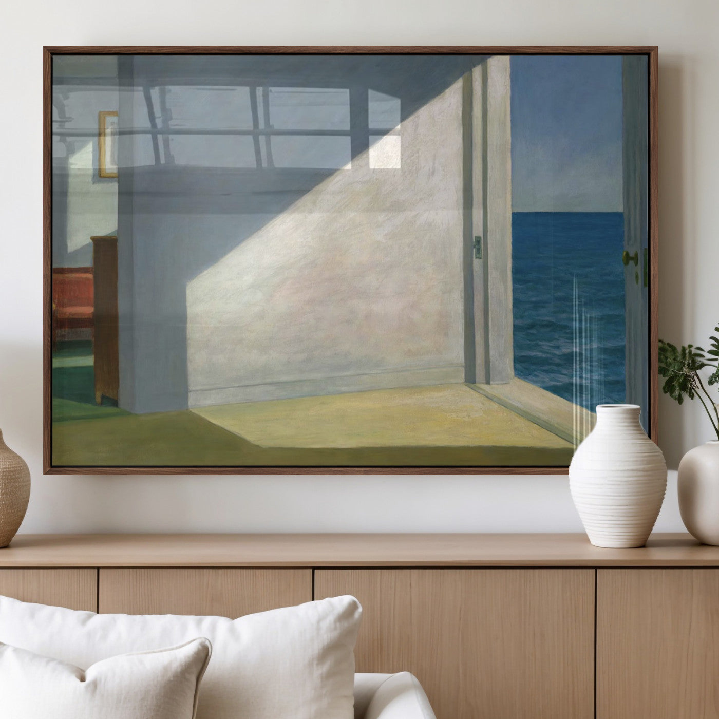 34188481-MGV-FP-36X24-3P_Walnut-Coastal Sunlight Wall Art – Minimalist Ocean View Canvas Print, Serene Beach House Inspired Decor for Bedroom, Living Room,