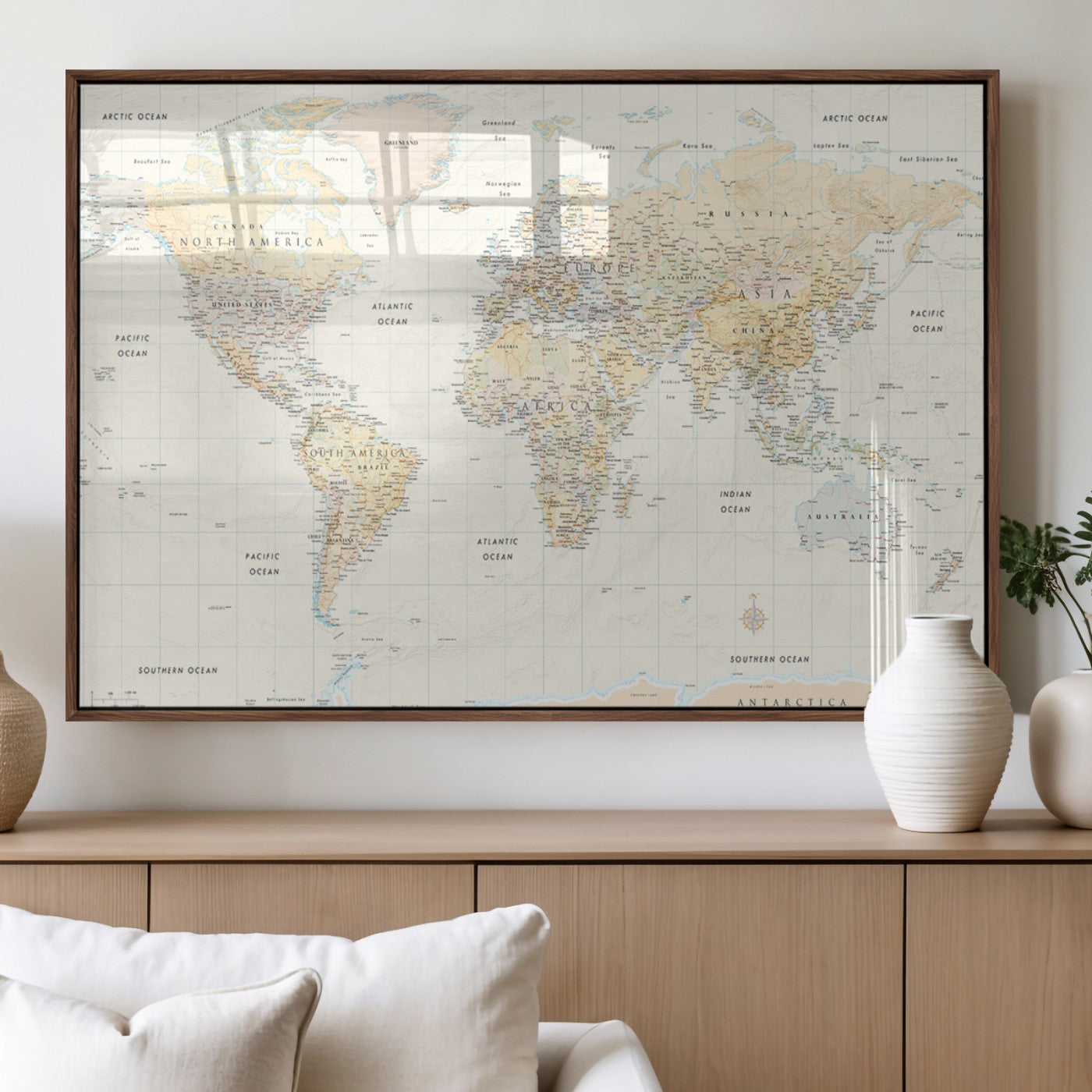 40660043-MGV-FP-36X24-3P_Walnut-World Map Wall Art – Large Detailed Atlas Style Map Print with Countries, Cities, and Oceans, Neutral Beige and Tan Educational