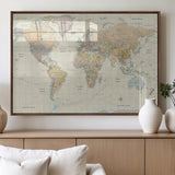 41929777-MGV-FP-36X24-3P_Walnut-World Map Wall Art – Large Detailed Political Atlas Style Map Print with Countries, Cities, and Oceans, Warm Earth Tone