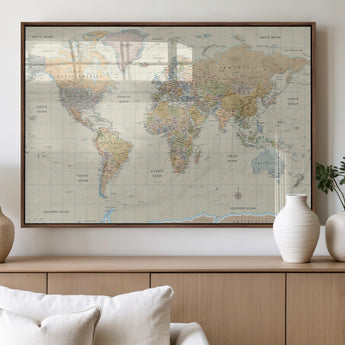 41929777-MGV-FP-36X24-3P_Walnut-World Map Wall Art – Large Detailed Political Atlas Style Map Print with Countries, Cities, and Oceans, Warm Earth Tone