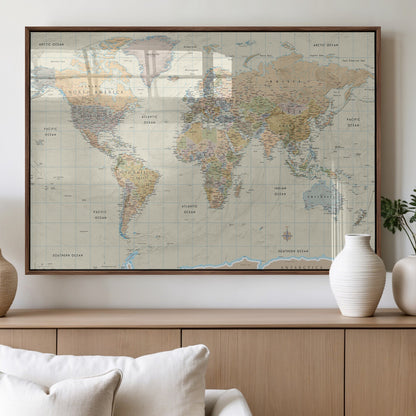 41929777-MGV-FP-36X24-3P_Walnut-World Map Wall Art – Large Detailed Political Atlas Style Map Print with Countries, Cities, and Oceans, Warm Earth Tone