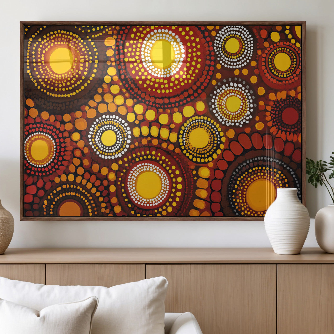 81120549-MGV-FP-36X24-3P_Walnut-Abstract Dot Painting Wall Art – Vibrant Tribal Boho Style Canvas Print with Sunburst Mandala Circles in Warm Red, Yellow, Orange