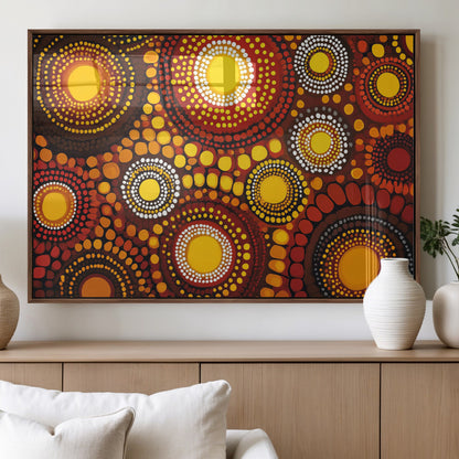 81120549-MGV-FP-36X24-3P_Walnut-Abstract Dot Painting Wall Art – Vibrant Tribal Boho Style Canvas Print with Sunburst Mandala Circles in Warm Red, Yellow, Orange