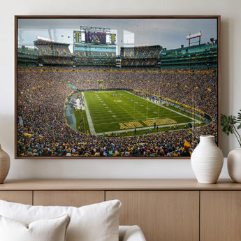 96617112-MGV-FP-36X24-3P_Walnut-Lambeau Field Wall Art – Green Bay Packers NFL Football Stadium Canvas Print – Game Day Crowd Sports Decor for Man Cave, Bar, or