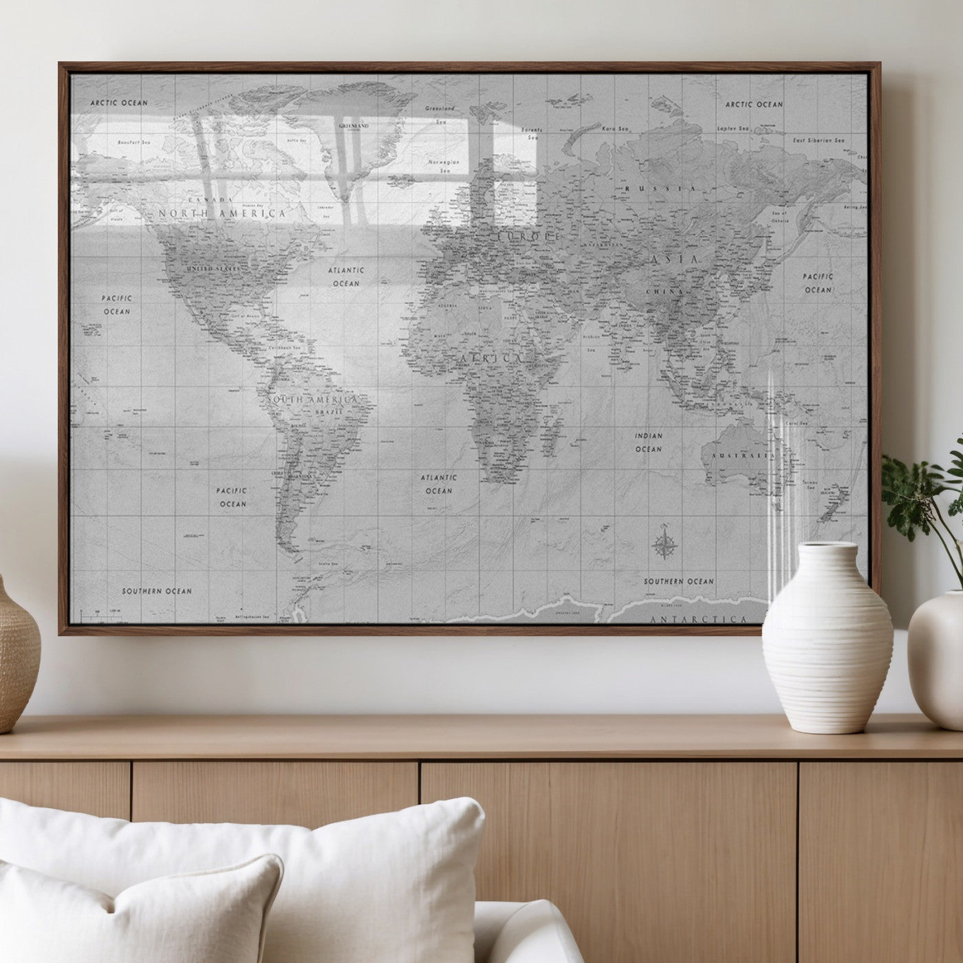 10516725-MGV-FP-36X24-3P_Walnut-Black and White World Map Wall Art – Minimalist Grayscale Canvas Print – Modern Detailed Travel Map Poster for Home, Office, or