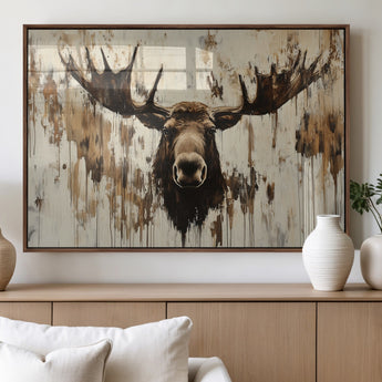 34496536-MGV-FP-36X24-3P_Walnut-Rustic Moose Wall Art – Modern Abstract Animal Canvas Print – Majestic Moose Head Painting with Neutral Earth Tones for Cabin,