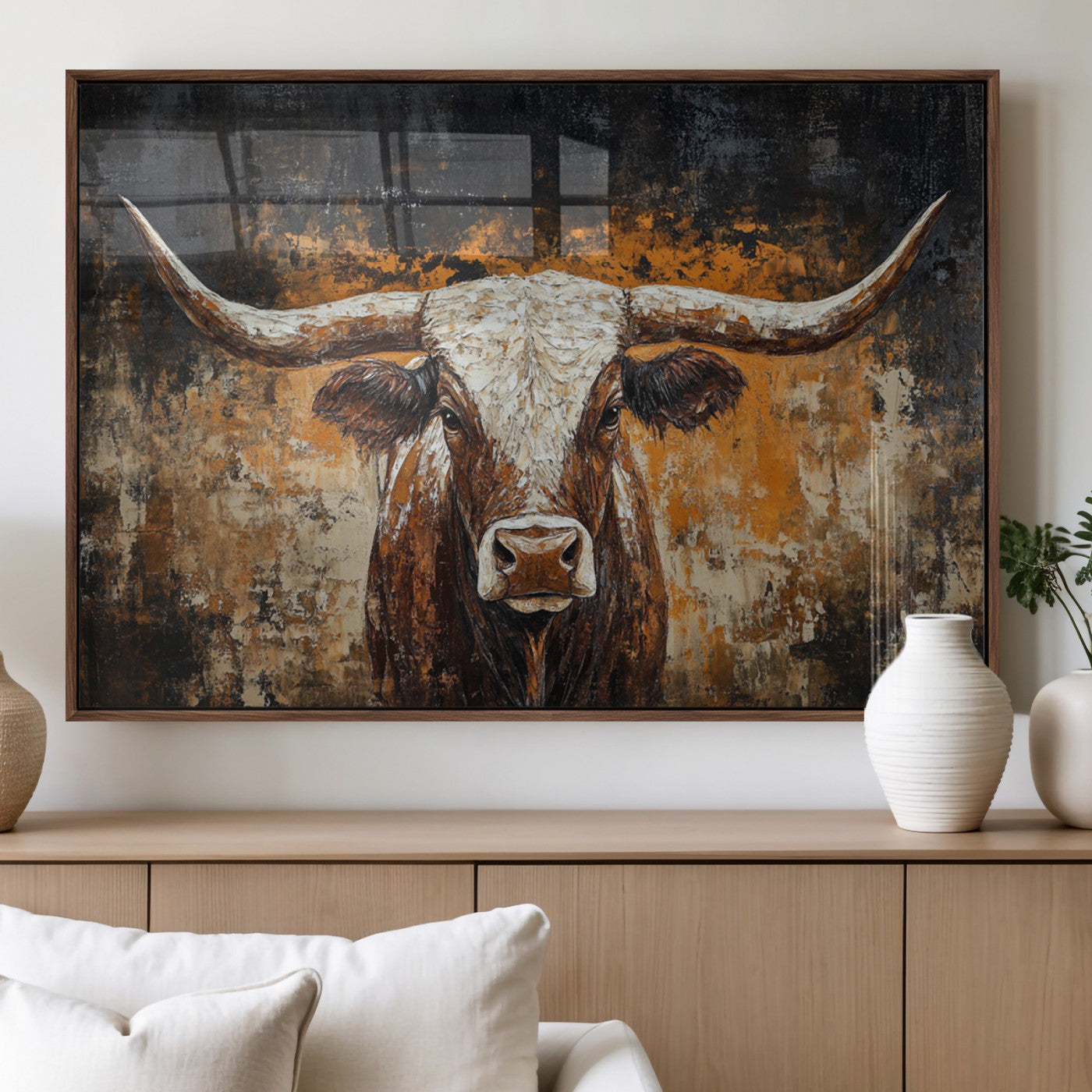 25265572-MGV-FP-36X24-3P_Walnut-Longhorn Bull Wall Art – Rustic Western Texas Steer Canvas Print, Textured Animal Painting for Home, Office, Man Cave or Farmhouse