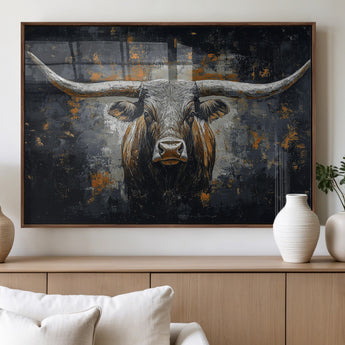 93195031-MGV-FP-36X24-3P_Walnut-Dark Longhorn Bull Wall Art – Western Steer Canvas Print, Moody Rustic Animal Painting for Man Cave, Ranch House, Office or Modern