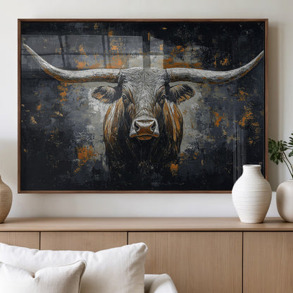 93195031-MGV-FP-36X24-3P_Walnut-Dark Longhorn Bull Wall Art – Western Steer Canvas Print, Moody Rustic Animal Painting for Man Cave, Ranch House, Office or Modern