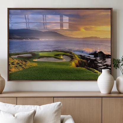 39644075-MGV-FP-36X24-3P_Walnut-Golf Course Wall Art – Coastal Sunset Canvas Print, Scenic Oceanfront Fairway Landscape Decor for Office, Man Cave, or Living Room
